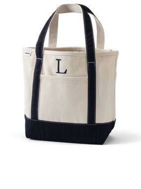 Lands' End Cream and navy monogrammed Canvas Tote